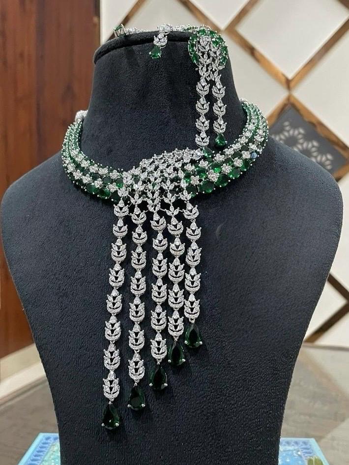 American diamond Hasli necklace set with earrings/Statement Bridal Wedding Indian Pakistani designer necklace/Emerald necklace