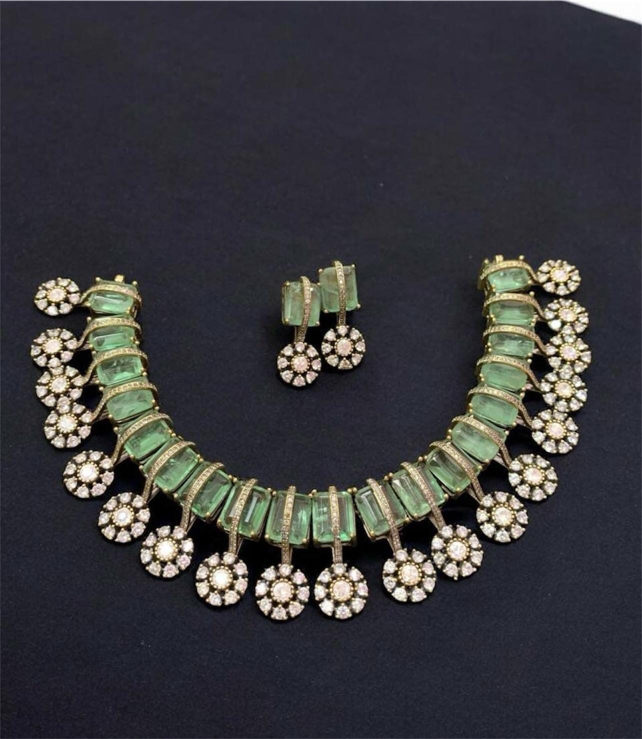 Kriti Sanon inspired Victorian gold Finish Emerald Green Ruby Multi Uncut Moissanite Polki Kundan Wedding Bridal Necklace Set with Earings