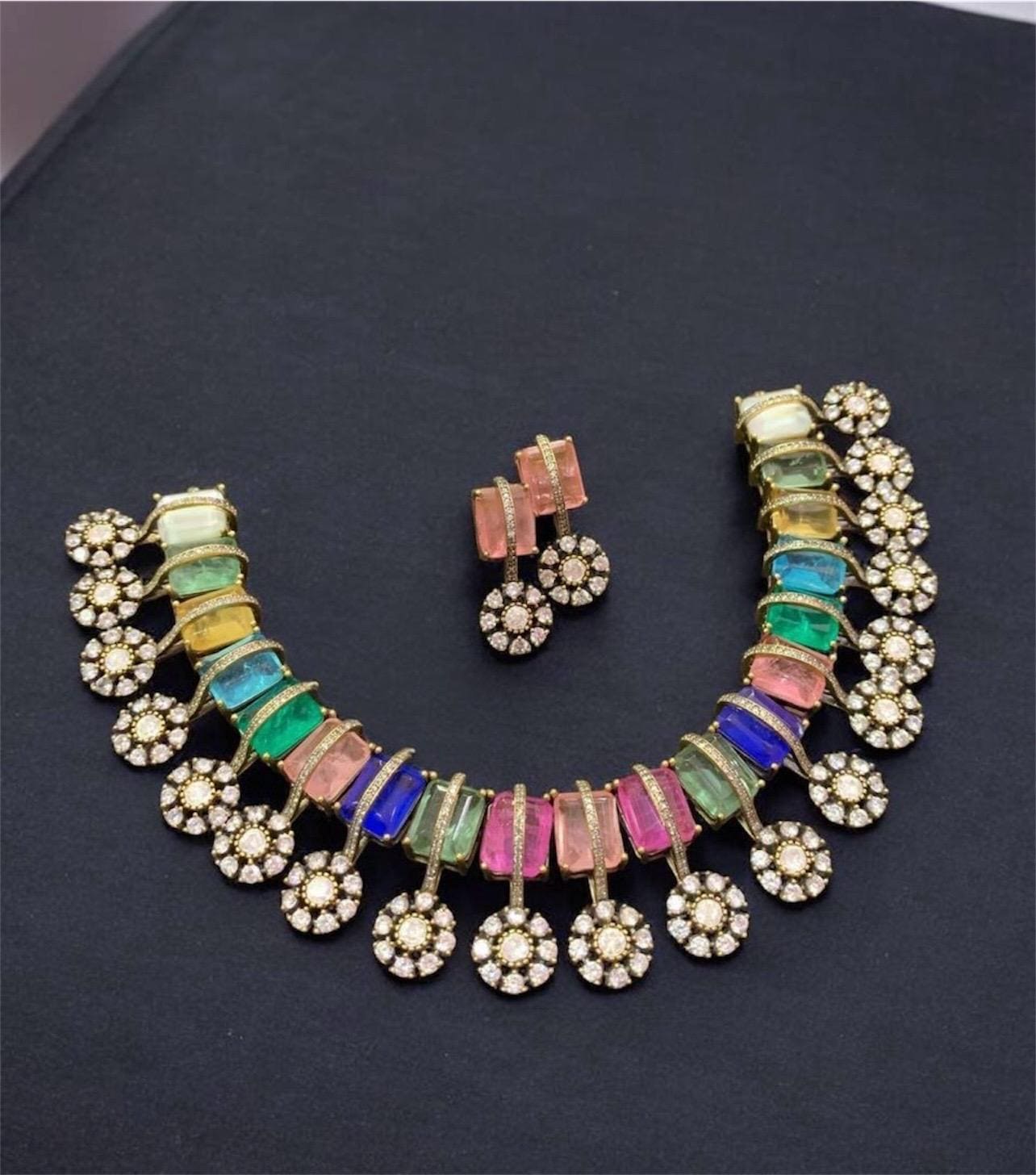 Kriti Sanon inspired Victorian gold Finish Emerald Green Ruby Multi Uncut Moissanite Polki Kundan Wedding Bridal Necklace Set with Earings