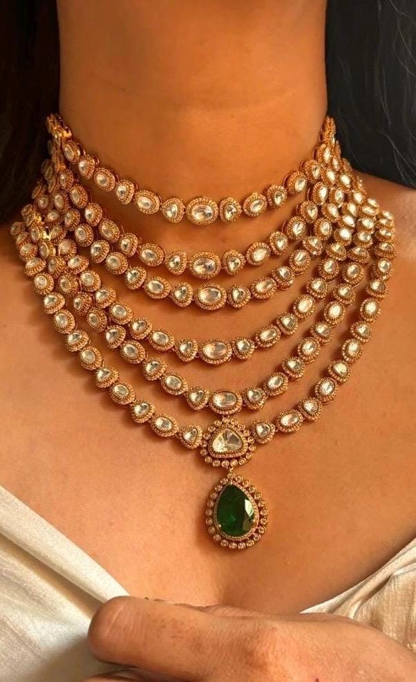 Designer Moissanite Polki Doublet Stone set with earrings and tika,statement necklace,fusion necklace,Indian jewelry,bridal wedding jewelry