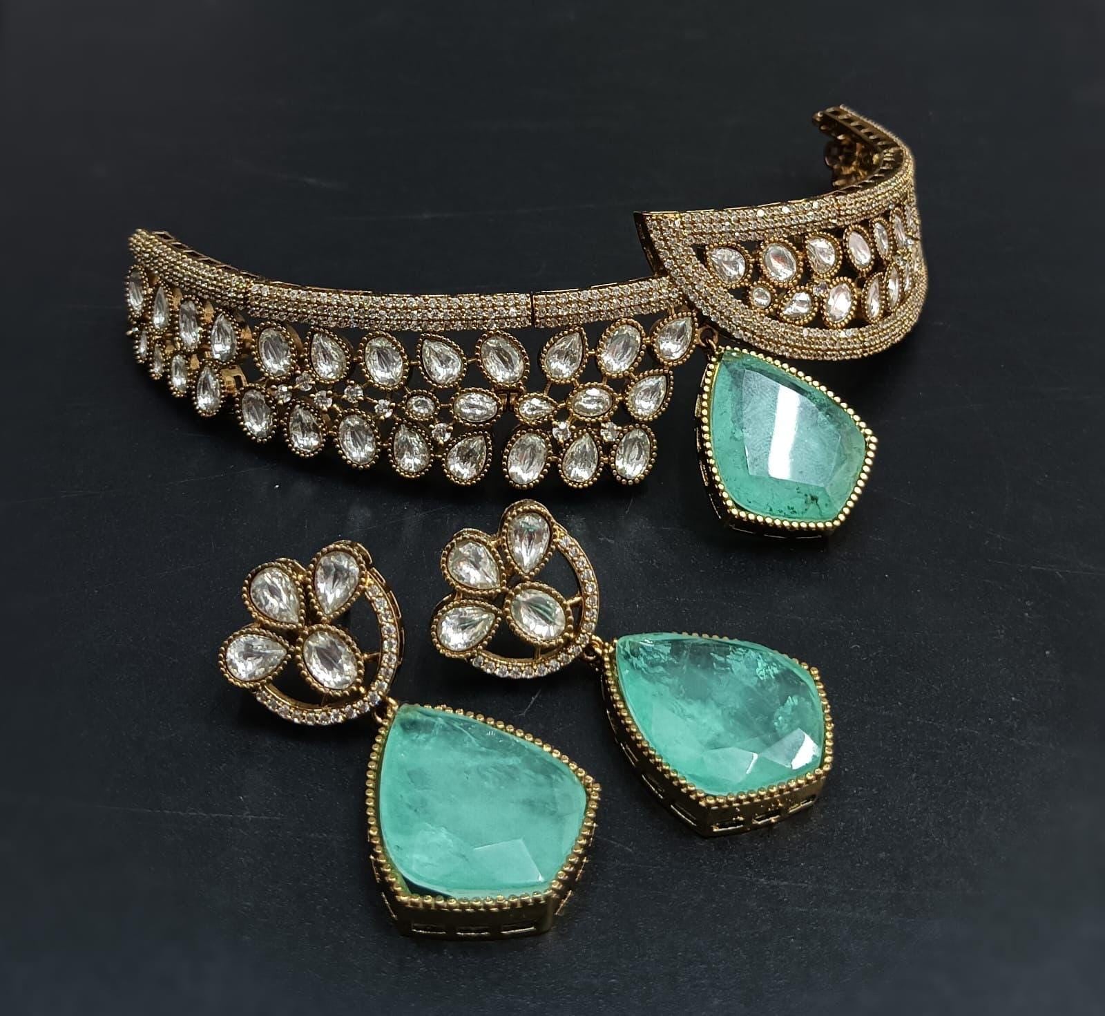 Polki choker Necklace Green Kundan Set Sabyasachi Jewelry Victorian Polki Diamond Necklace Jadau Jewelry Emerald Doublet Moissanite Jewelry