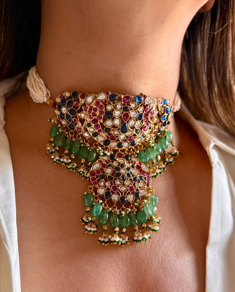 Amrapali Gold Jewly Inspired Emerald Green Blue Ruby Pink Uncut Moissanite Polki Kundan Jadau Navratan Necklace