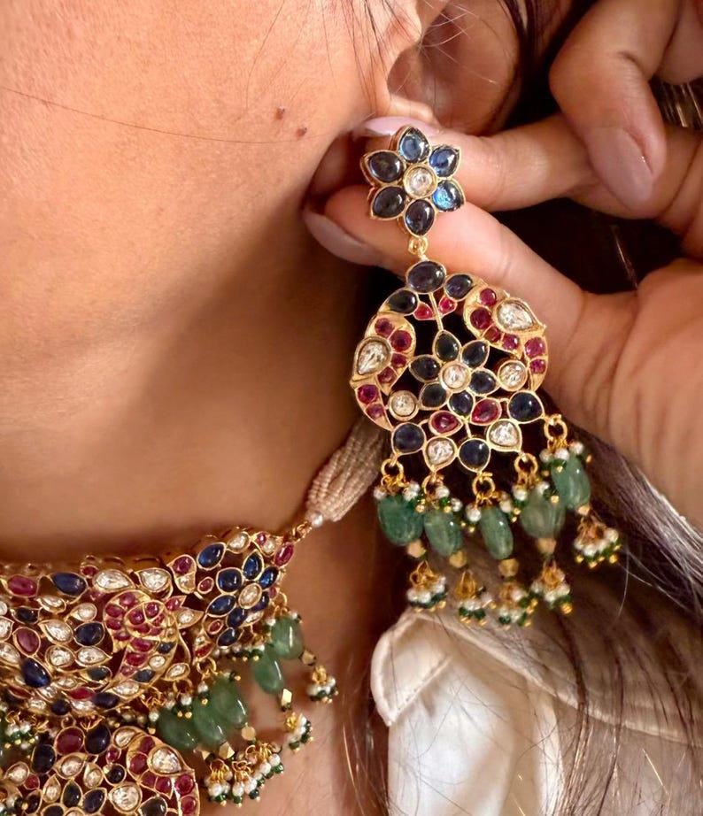 Amrapali Gold Jewly Inspired Emerald Green Blue Ruby Pink Uncut Moissanite Polki Kundan Jadau Navratan Necklace