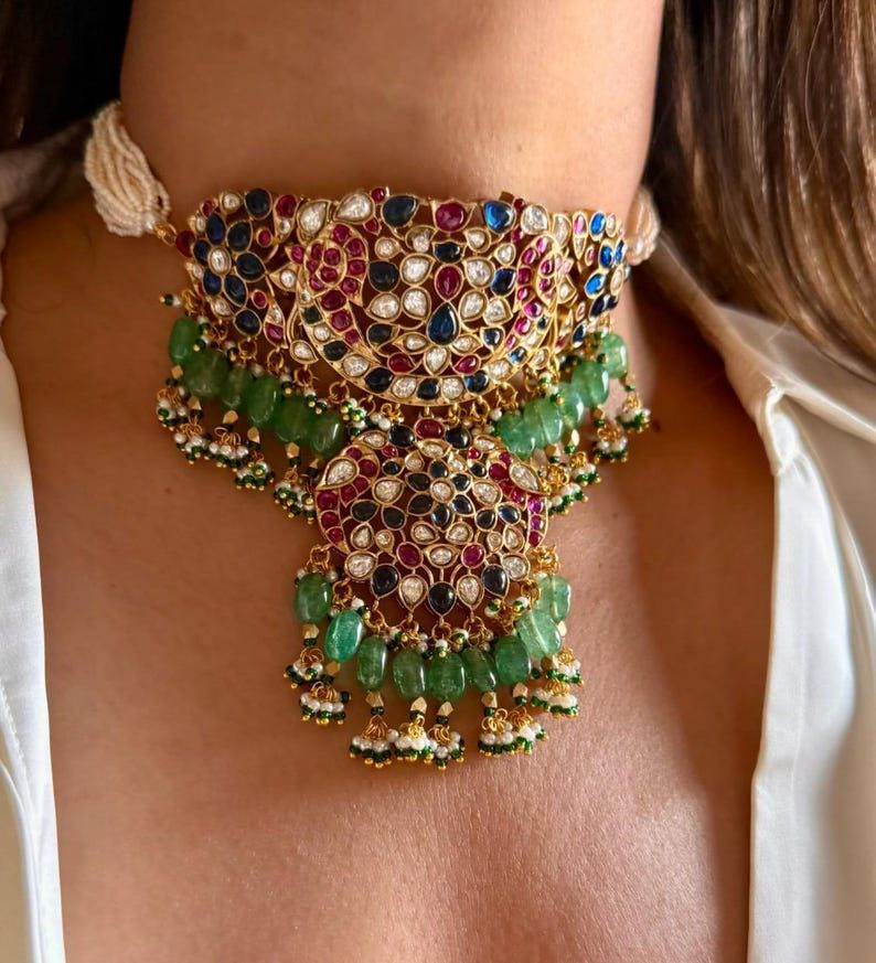 Amrapali Gold Jewly Inspired Emerald Green Blue Ruby Pink Uncut Moissanite Polki Kundan Jadau Navratan Necklace