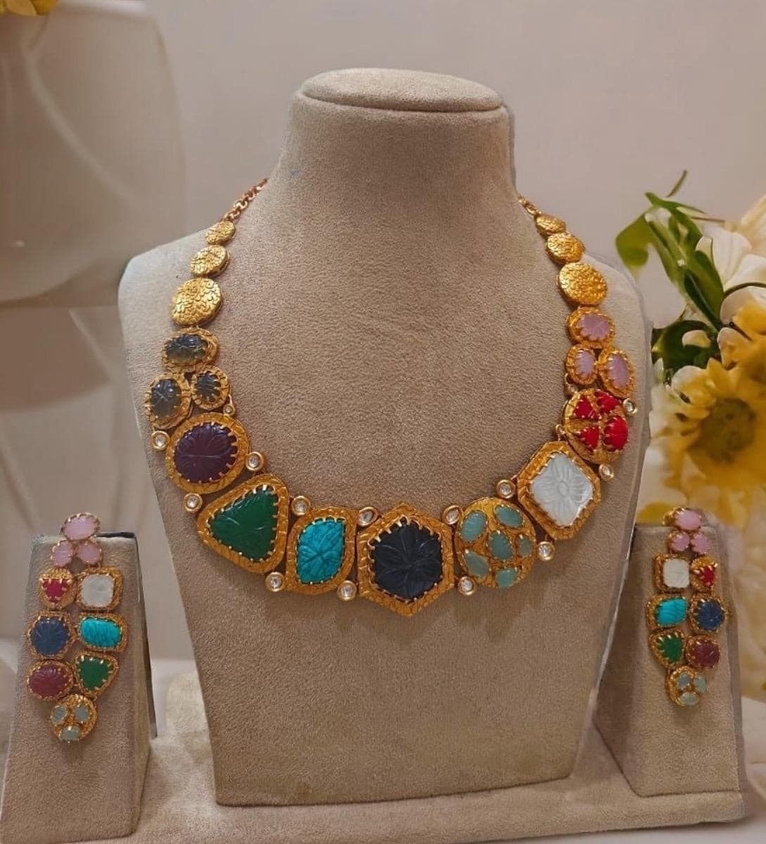 Sabyasachi Inspired Moissanite Polki necklace with Navratan kundan carving stones/Celebrity Wedding Set/Statement necklace/Bridal Indian set