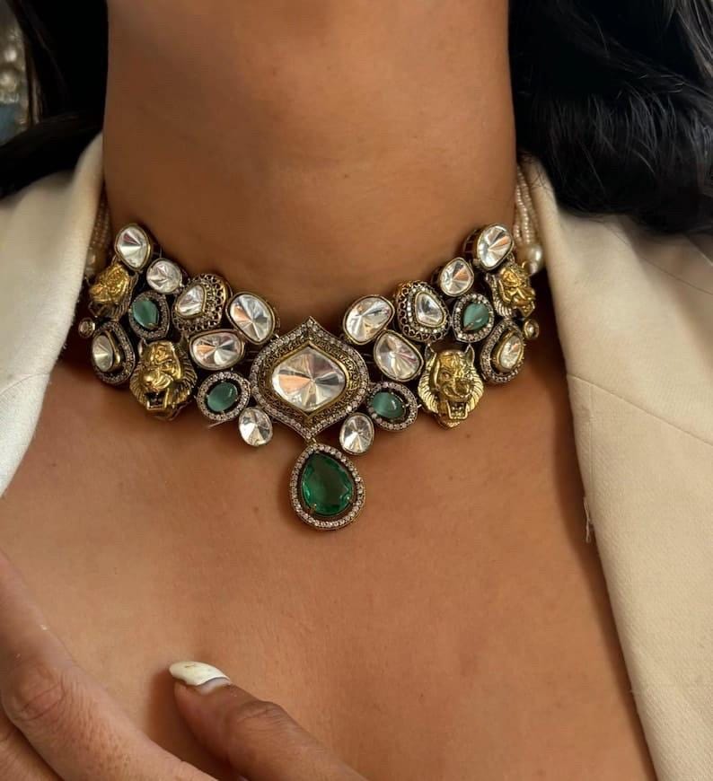 Mint Teal Green Lion Jaguar Uncut Polki Necklace  Indian Pakistani Punjabi Jewelry Kundan Necklace Kundan Set Designer Necklace set