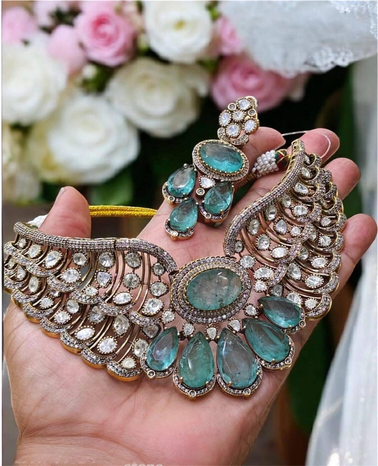 Designer Moissanite Polki Doublet Stone set with earrings,statement necklace,fusion necklace,Indian jewelry,bridal jewelry,wedding jewelry