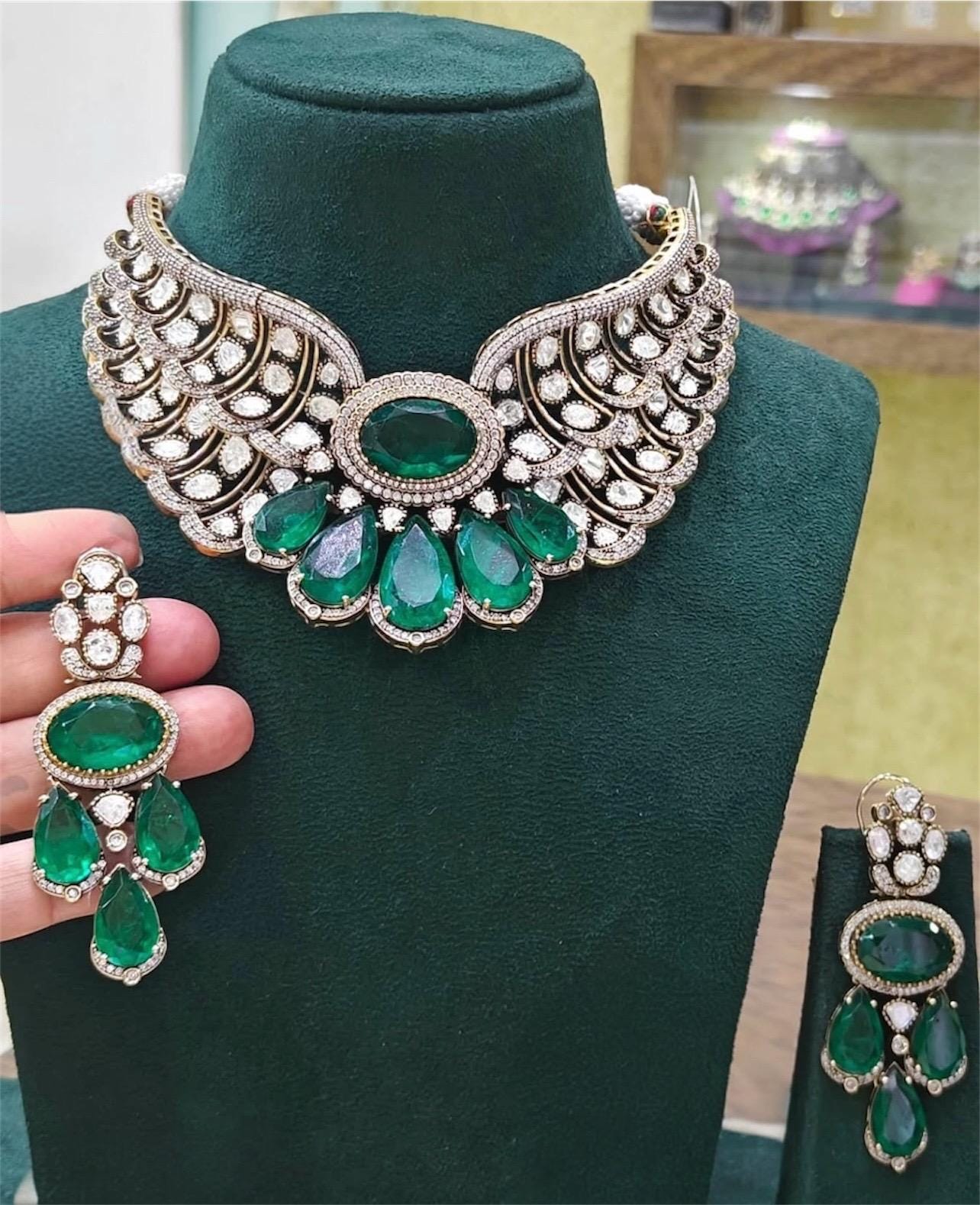 Designer Moissanite Polki Doublet Stone set with earrings,statement necklace,fusion necklace,Indian jewelry,bridal jewelry,wedding jewelry