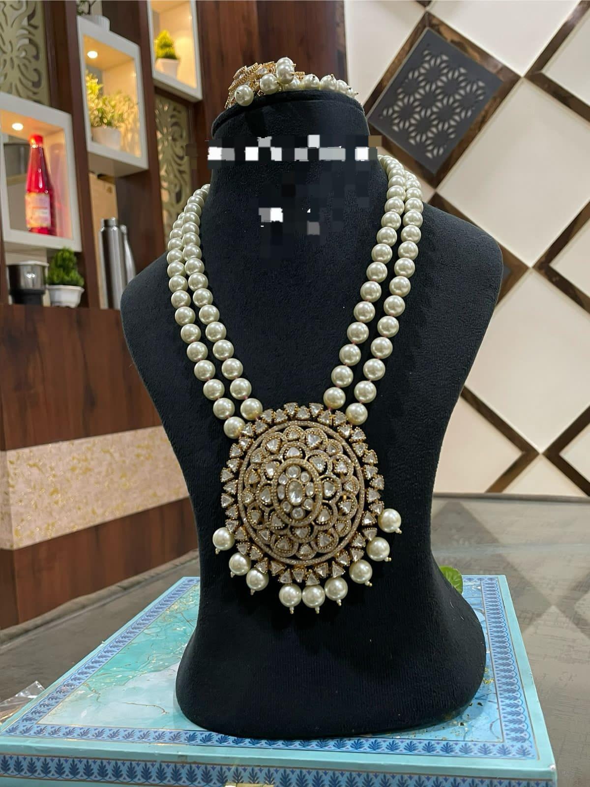 Mossanite polki pearl long necklace set with earrings/ long mala set