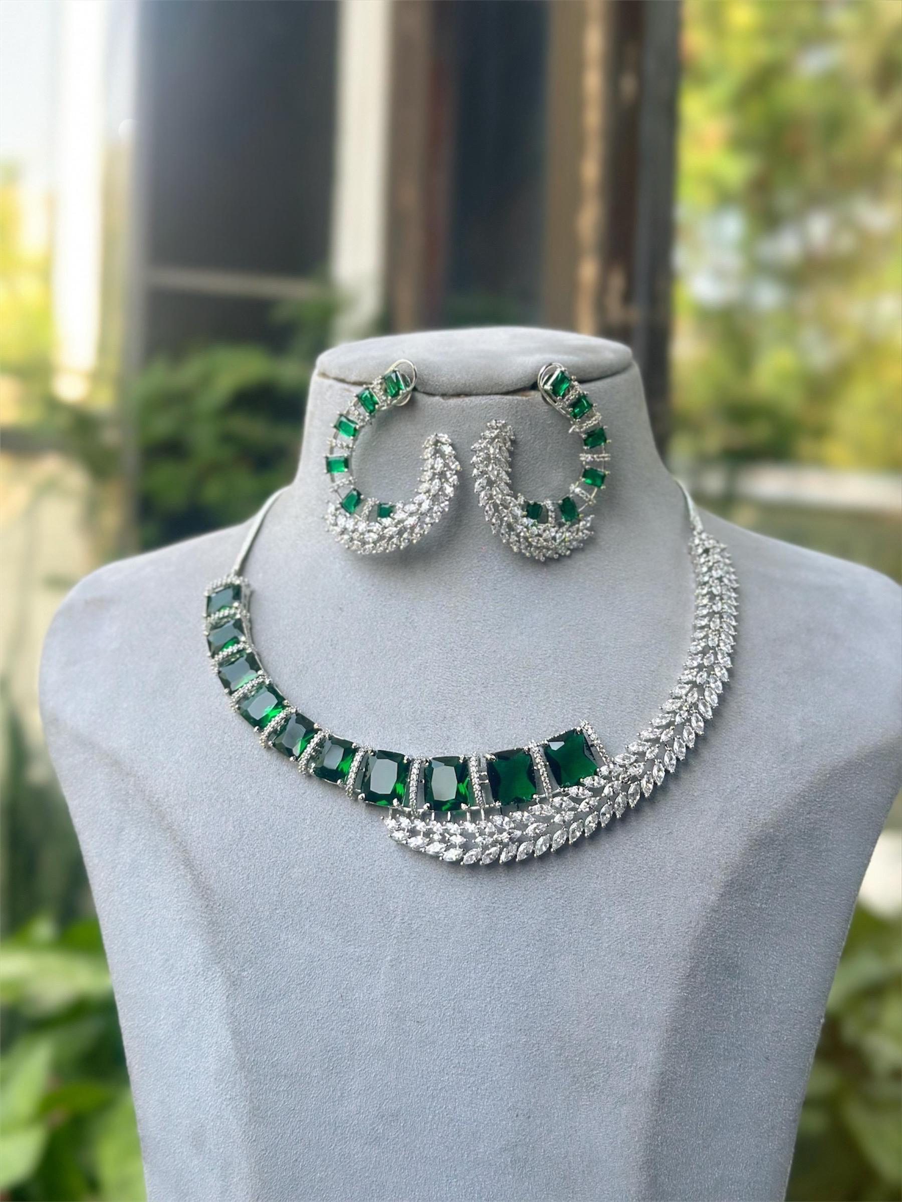 American diamond statement necklace set with earrings/bridesmaid bride wedding necklace/Indian Pakistani designer stone and diamond jewelry
