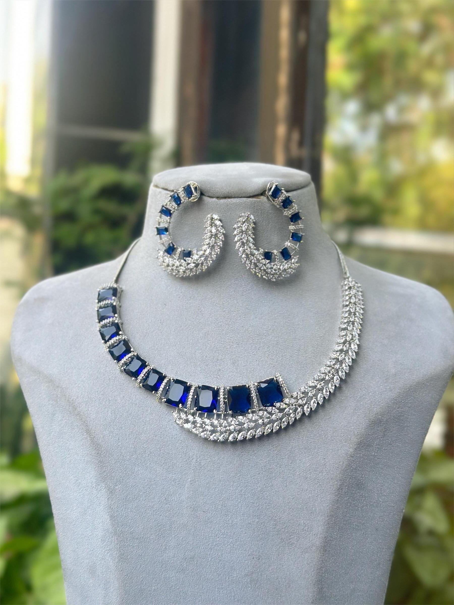 American diamond statement necklace set with earrings/bridesmaid bride wedding necklace/Indian Pakistani designer stone and diamond jewelry