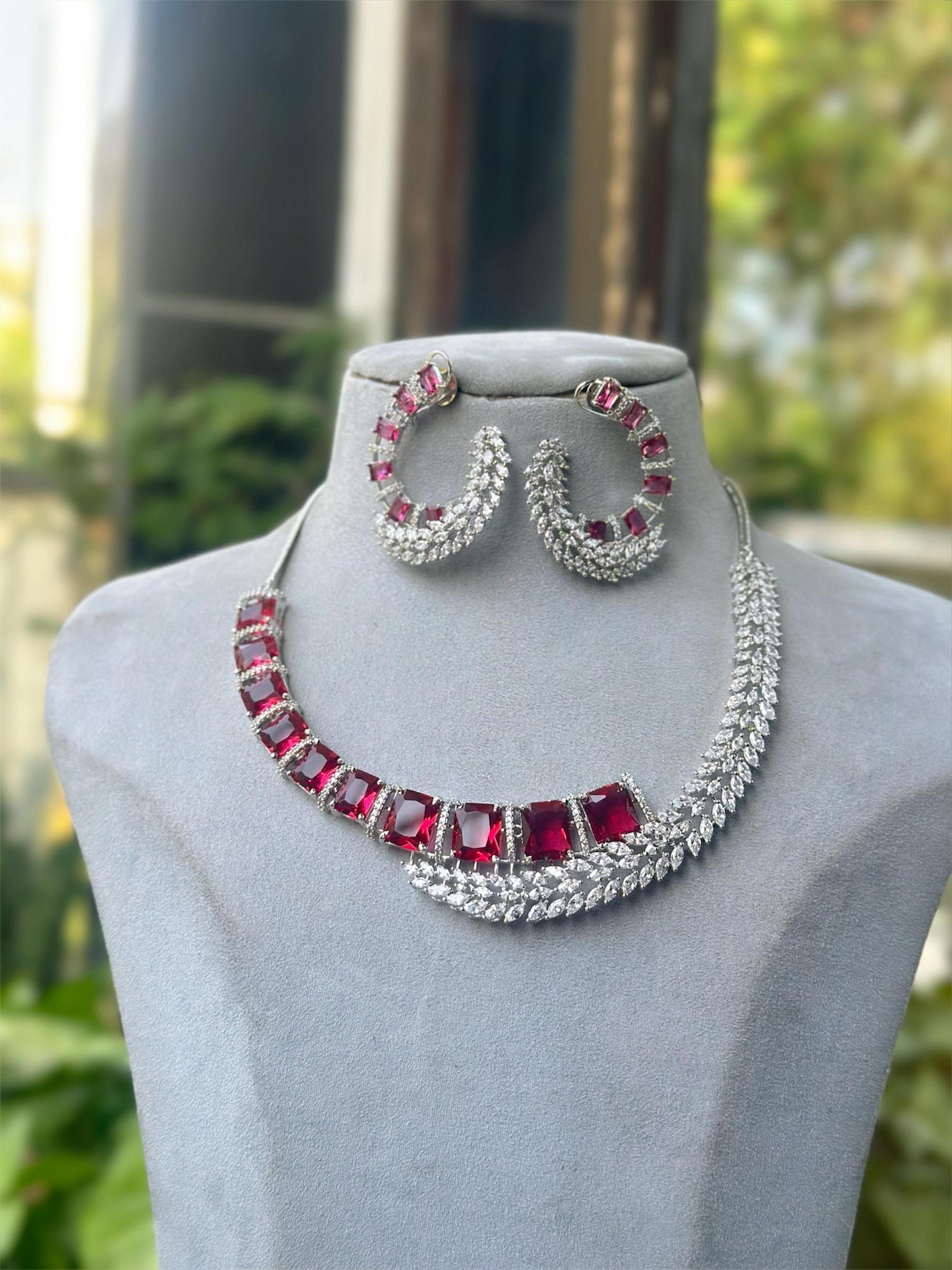 American diamond statement necklace set with earrings/bridesmaid bride wedding necklace/Indian Pakistani designer stone and diamond jewelry
