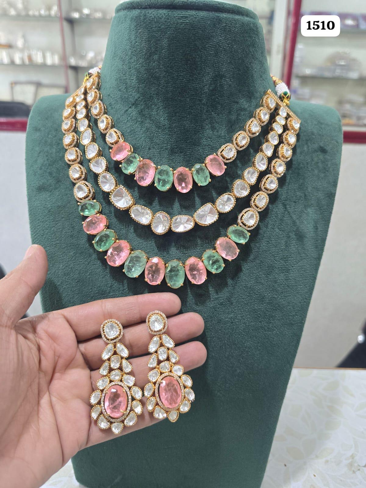 Gold plated mossanite 3 layer necklace set with earrings/ layered necklace set