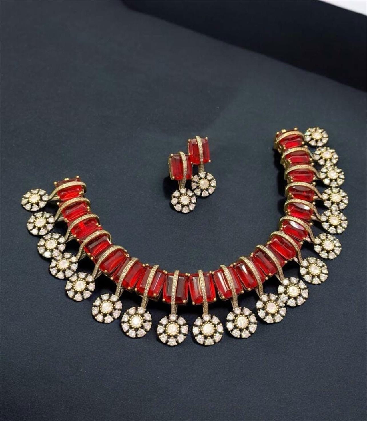 Kriti Sanon inspired Victorian gold Finish Emerald Green Ruby Multi Uncut Moissanite Polki Kundan Wedding Bridal Necklace Set with Earings