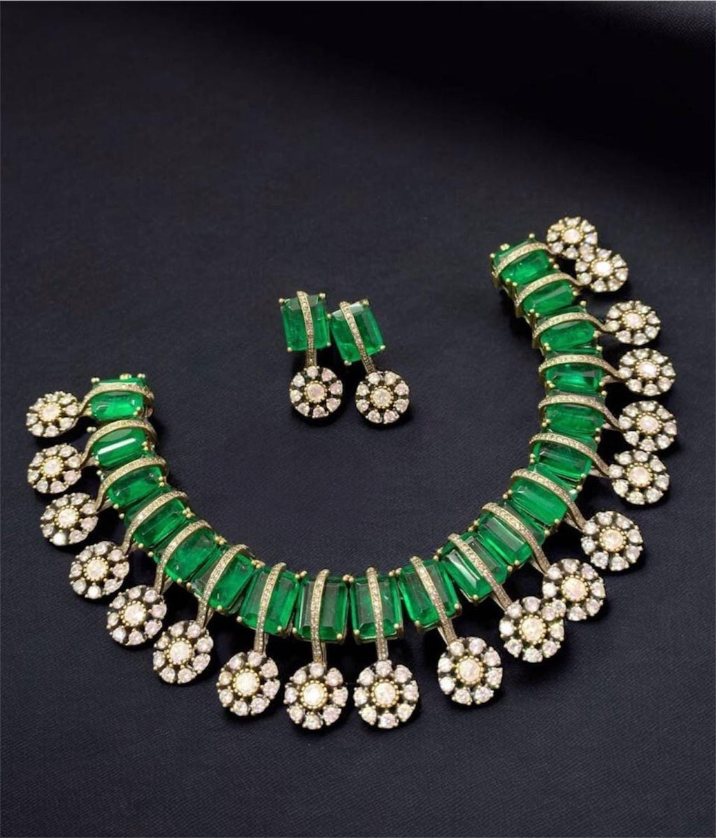 Kriti Sanon inspired Victorian gold Finish Emerald Green Ruby Multi Uncut Moissanite Polki Kundan Wedding Bridal Necklace Set with Earings