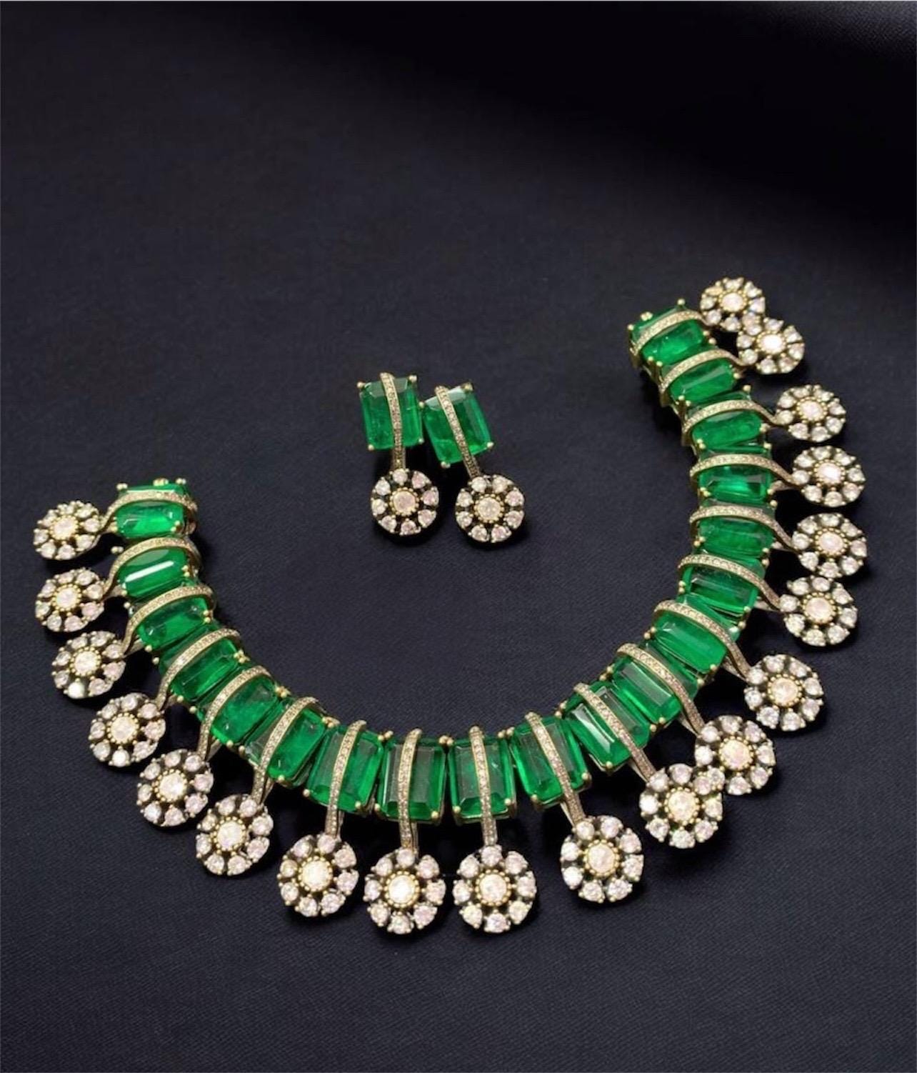 Kriti Sanon inspired Victorian gold Finish Emerald Green Ruby Multi Uncut Moissanite Polki Kundan Wedding Bridal Necklace Set with Earings