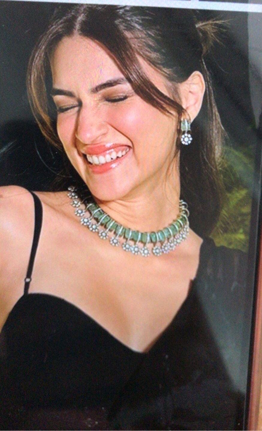Kriti Sanon inspired Victorian gold Finish Emerald Green Ruby Multi Uncut Moissanite Polki Kundan Wedding Bridal Necklace Set with Earings