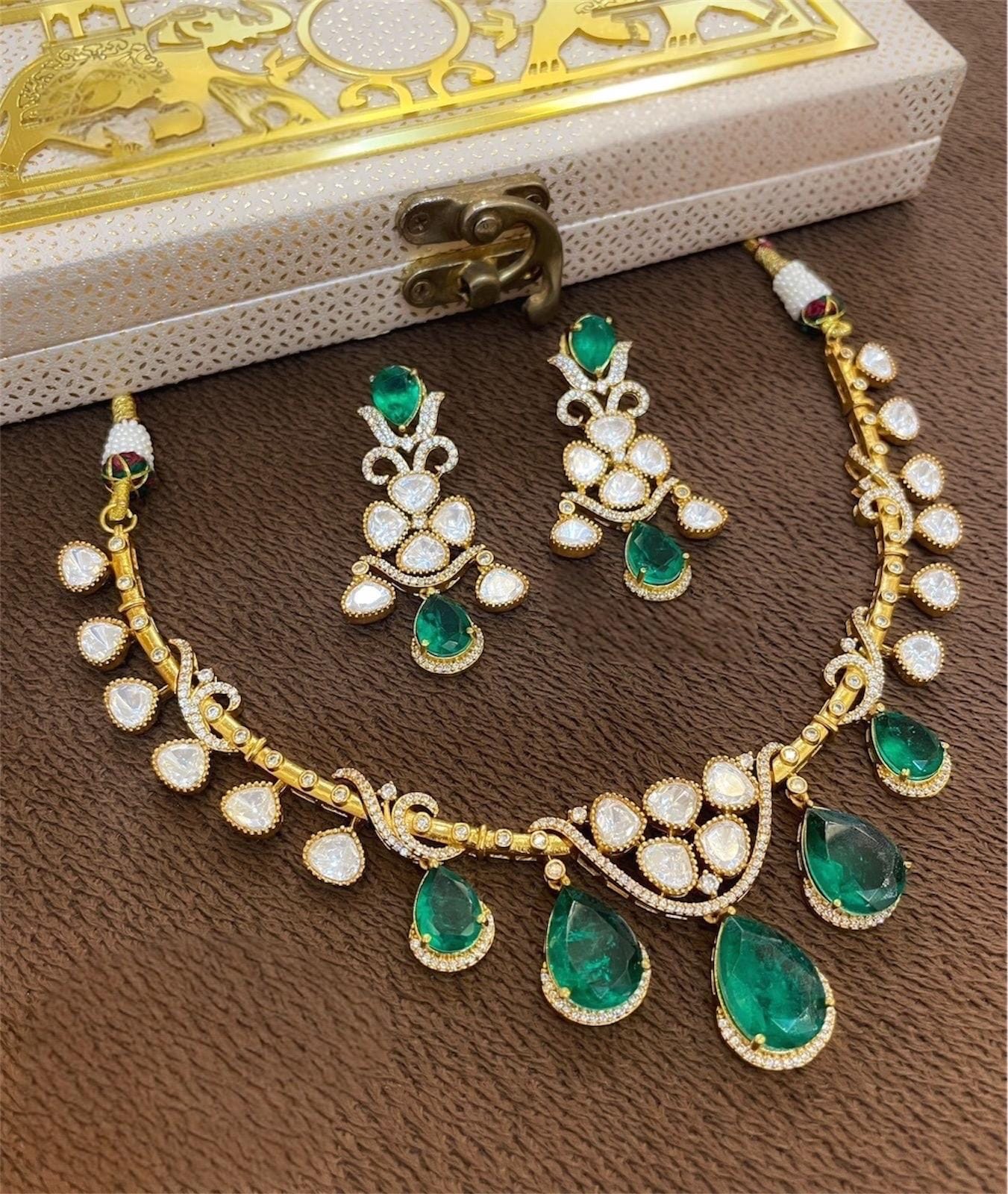Sabyasachi inspired Victorian style uncut moissanite polki necklace set/Statement Indian Bridal Ambani wedding pakistani celebrity jewelry