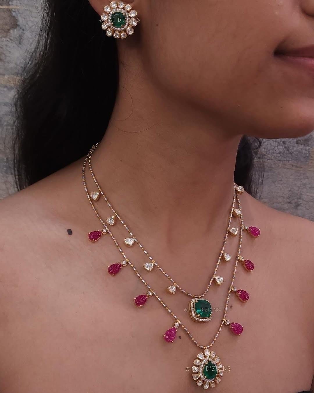 Sabyasachi inspired Gold plated mossanite doublet dual chain dainty layer necklace chain with earrings/Indian Pakistani wedding fusion set