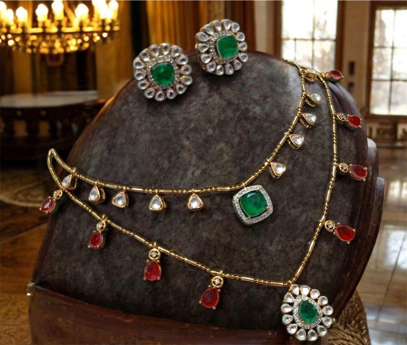 Sabyasachi inspired Gold plated mossanite doublet dual chain dainty layer necklace chain with earrings/Indian Pakistani wedding fusion set
