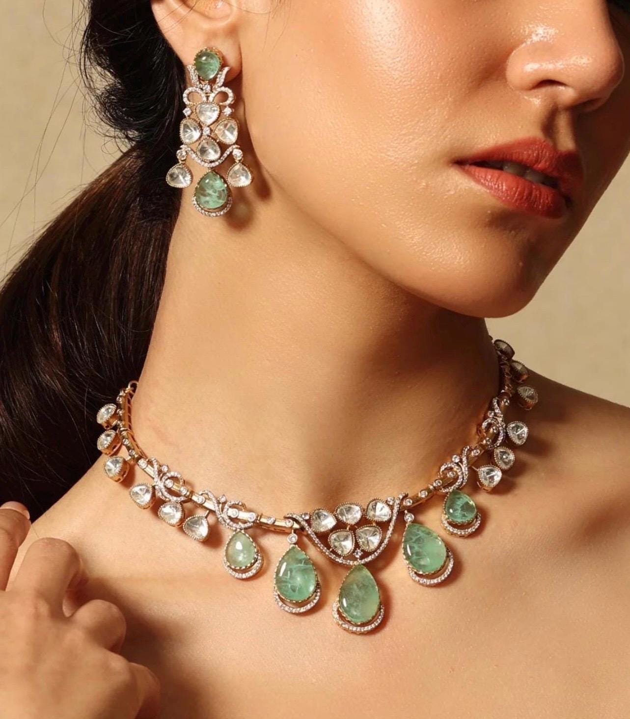 Sabyasachi inspired Victorian style uncut moissanite polki necklace set/Statement Indian Bridal Ambani wedding pakistani celebrity jewelry