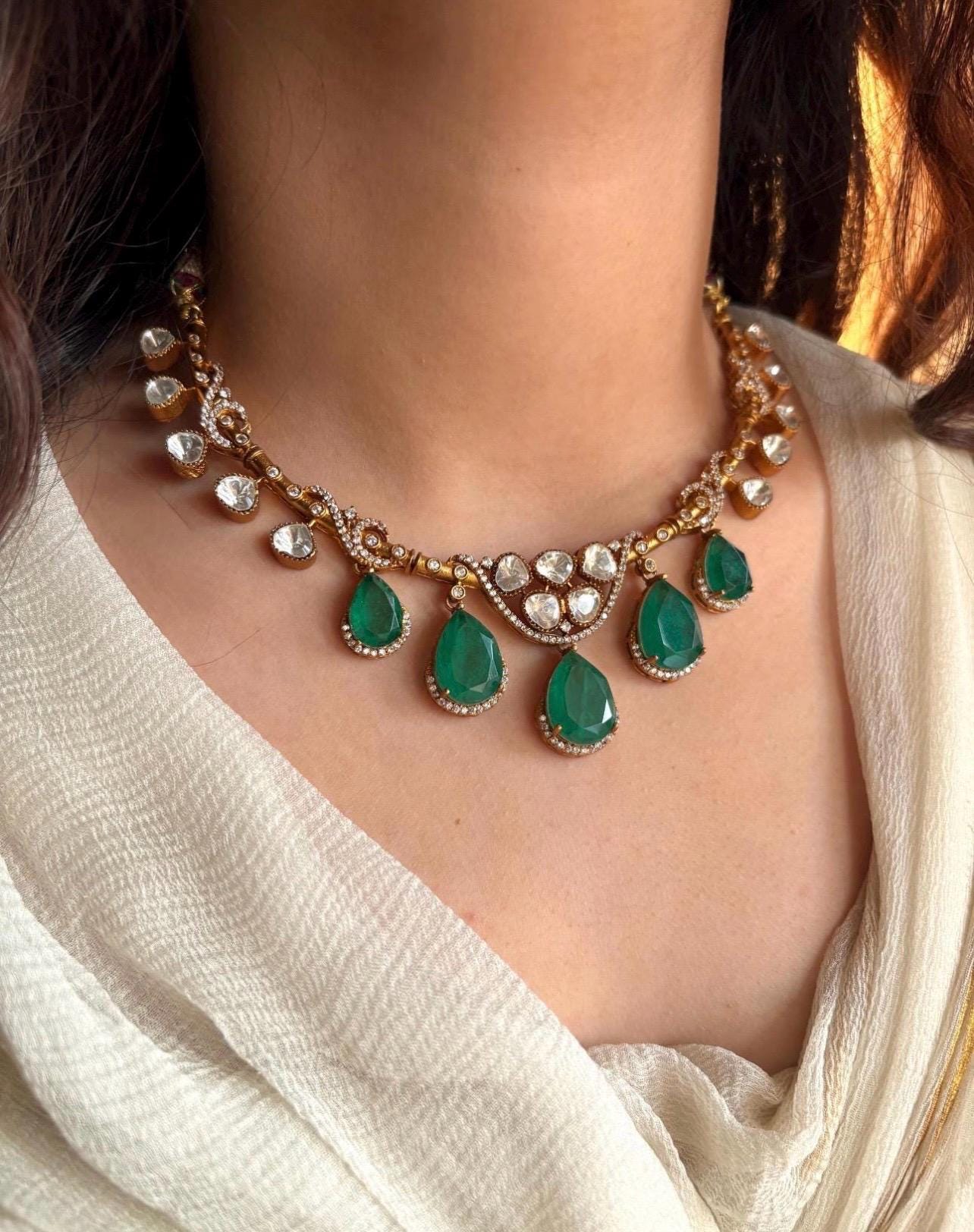 Sabyasachi inspired Victorian style uncut moissanite polki necklace set/Statement Indian Bridal Ambani wedding pakistani celebrity jewelry
