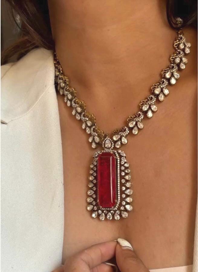 Victorian Doublet Stone Moissanite Polki Wedding Jewelry Necklace Set with Earings,Statement Sabyasachi necklace,Indian Pakistani bridal set