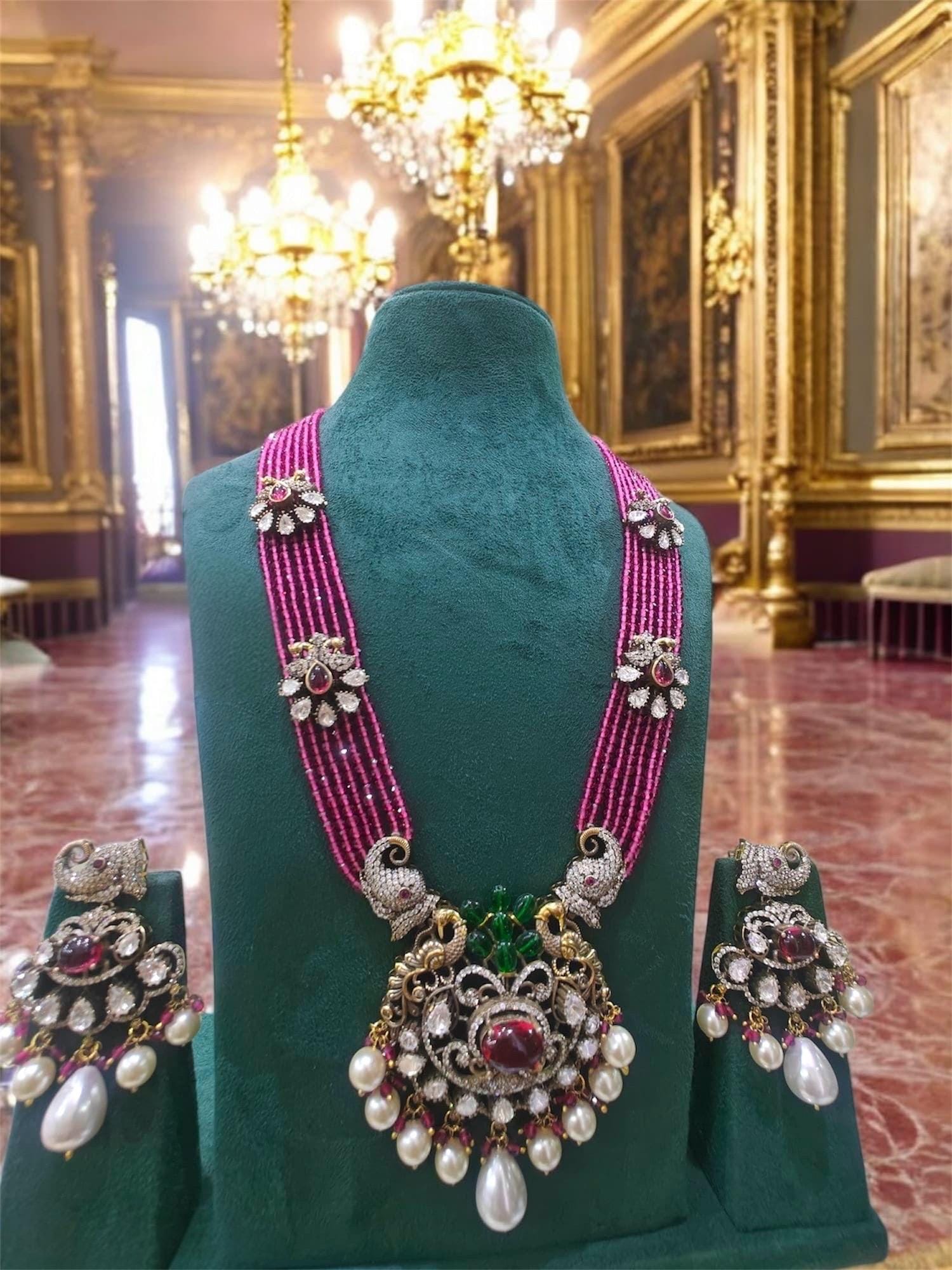 Jadau Kundan long multi string Necklace Mala Set with earrings/Sabyasachi Inspired elephant Jewelry/Bollywood Jewelry/Statement necklace