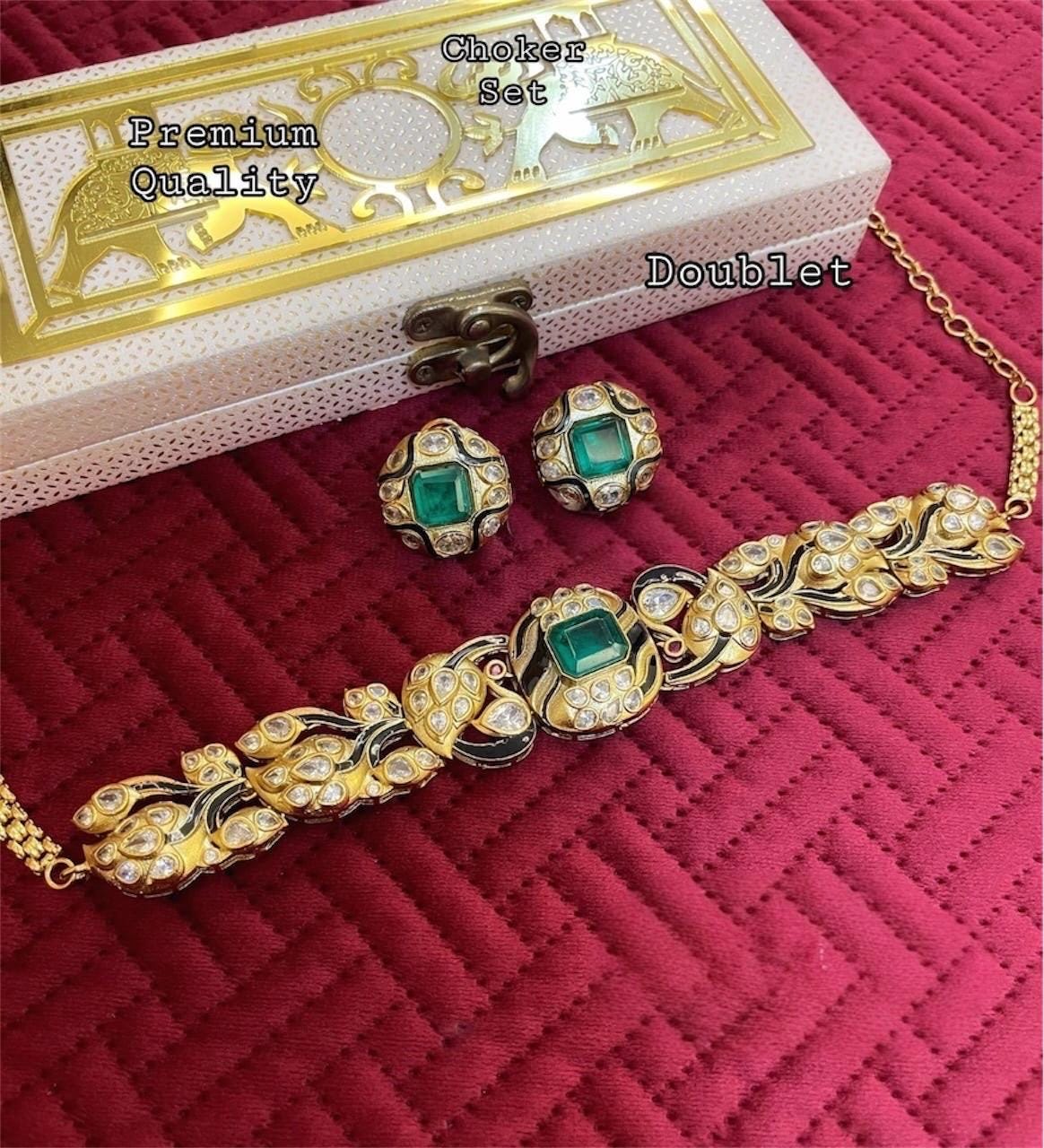 Kareena Kapoor inspired uncut kundan doublet choker gold finish set with stud earrings/Festive Wedding Bridal Indian Pakistani statement set