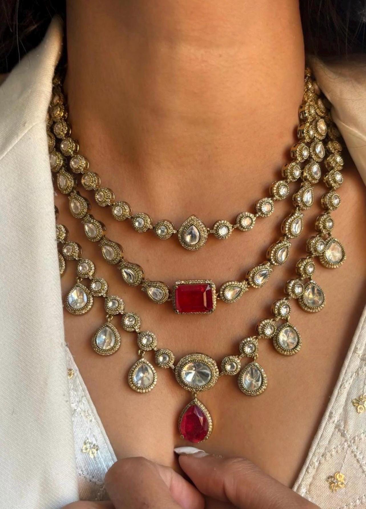 Ruby Red Layered Uncut Polki Kundan Long Necklace Sabyasachi Jewelry Diamond Necklace India Moissanite Polki Pendant Uncut Kundan Jewelry