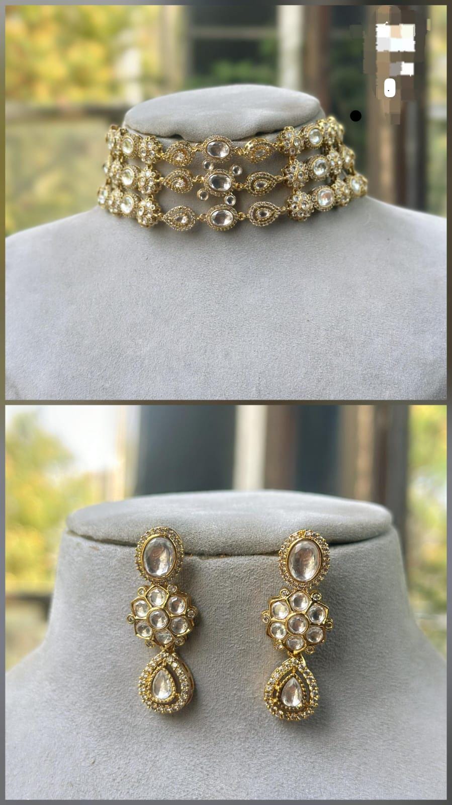 Gold plated ad stunned polki 3 liner statement necklace set with earrings