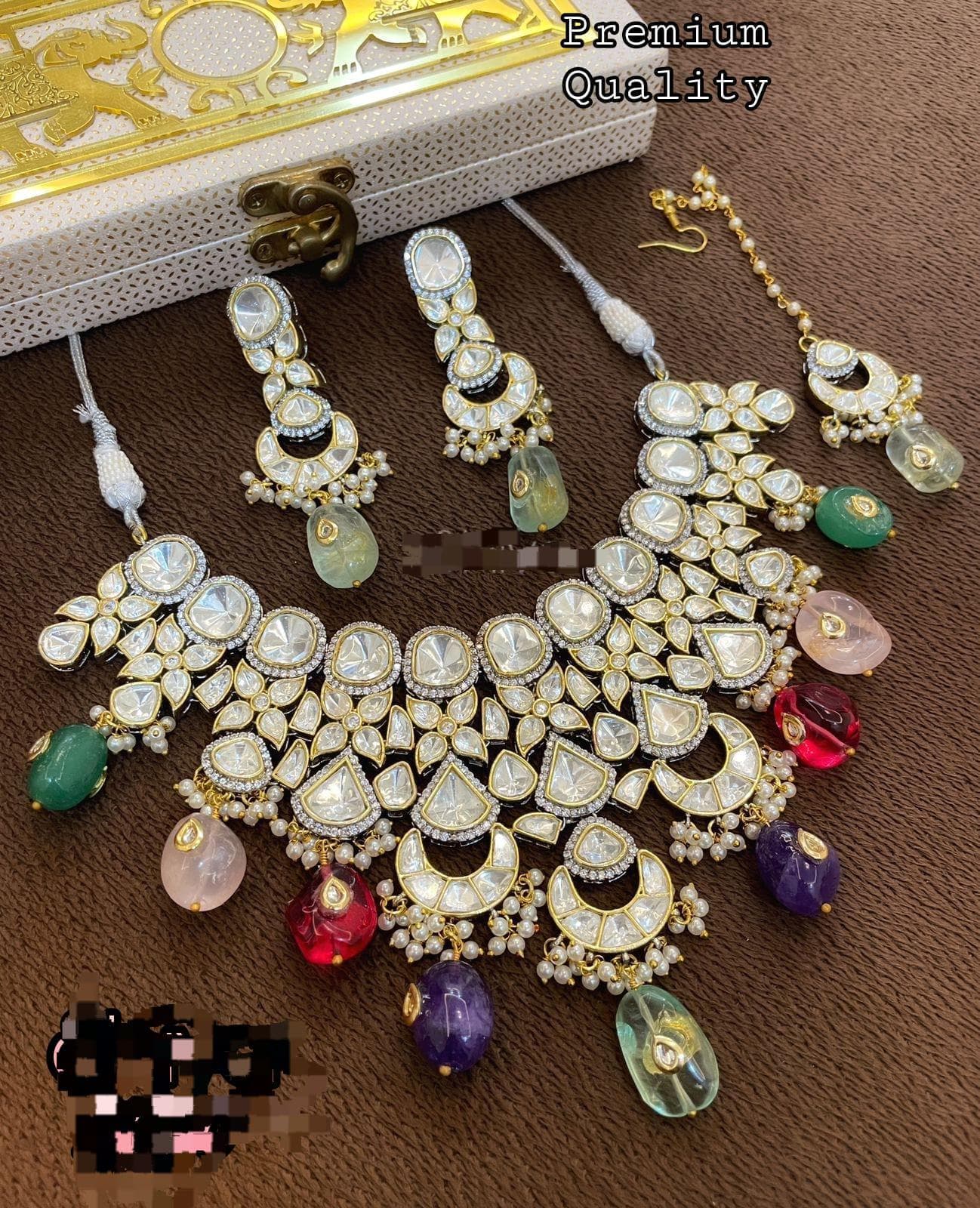 Dual tone flux polki grand necklace set with earrings and tikka/ mossanite polki necklace set