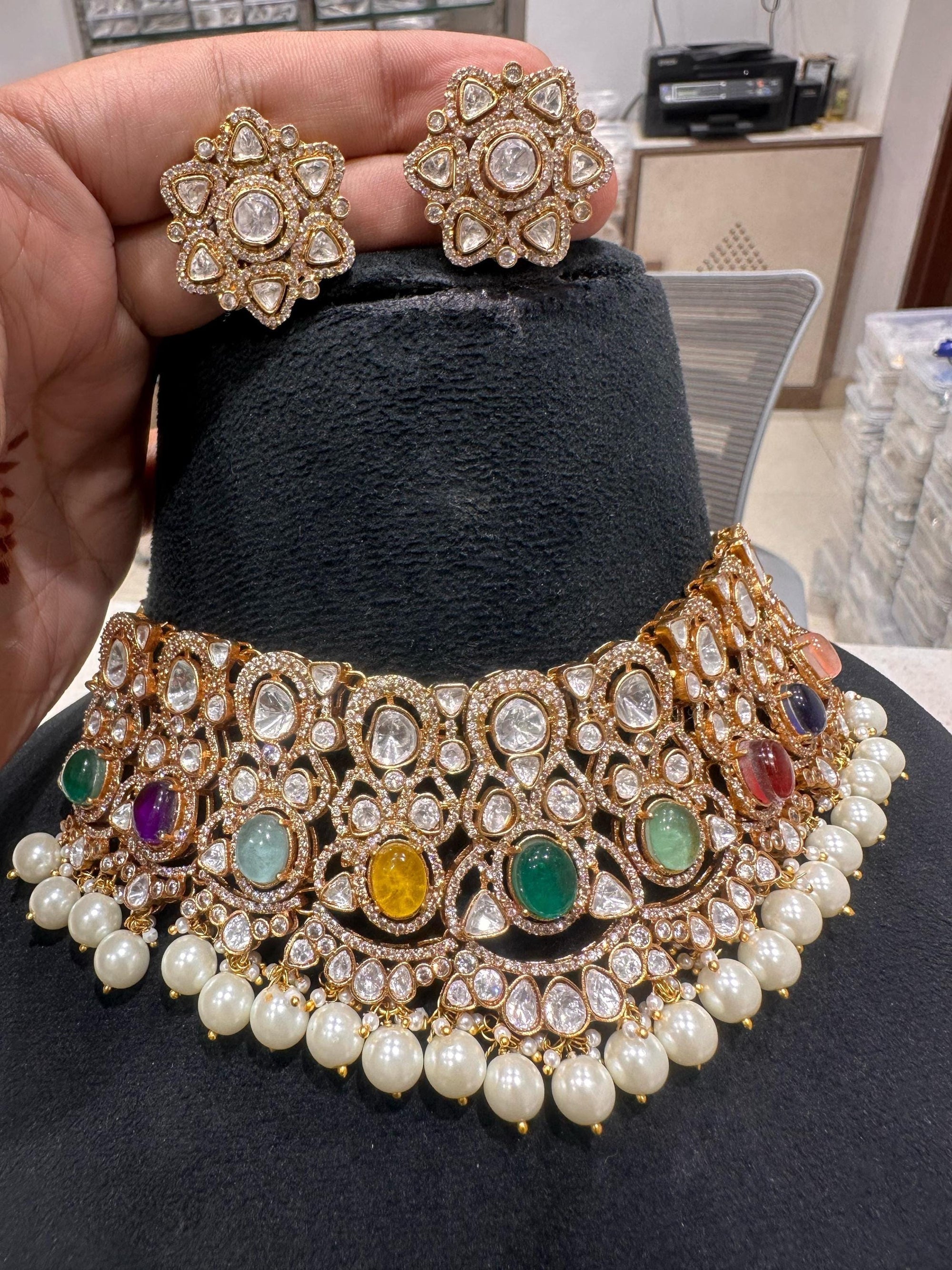 Navratan Sabyasachi Inspired Moissanite Polki Kundan Wedding Set,Choker set,bridal set,Statement necklace,Indian jewelry,Pakistani jewelry