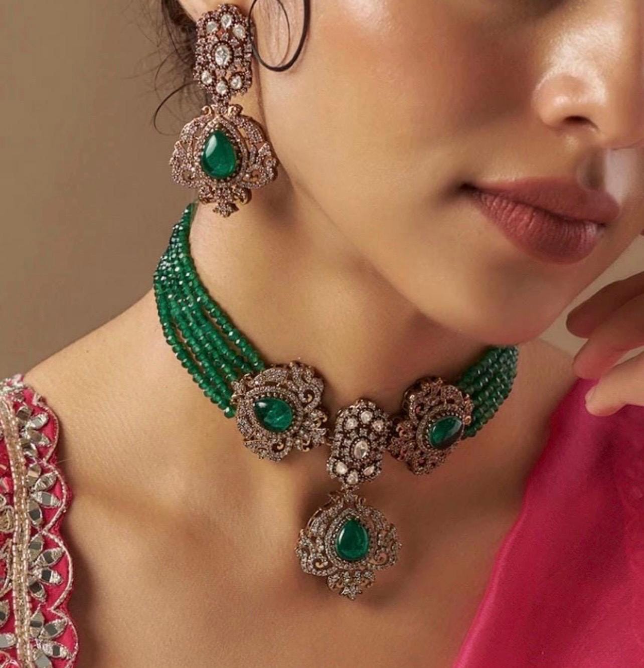Sabyasachi inspired Premium Emerald Green Moissanite Kundan Choker Polki Jewelry Indian Victorian Green Stone Kundan Set Statement Choker