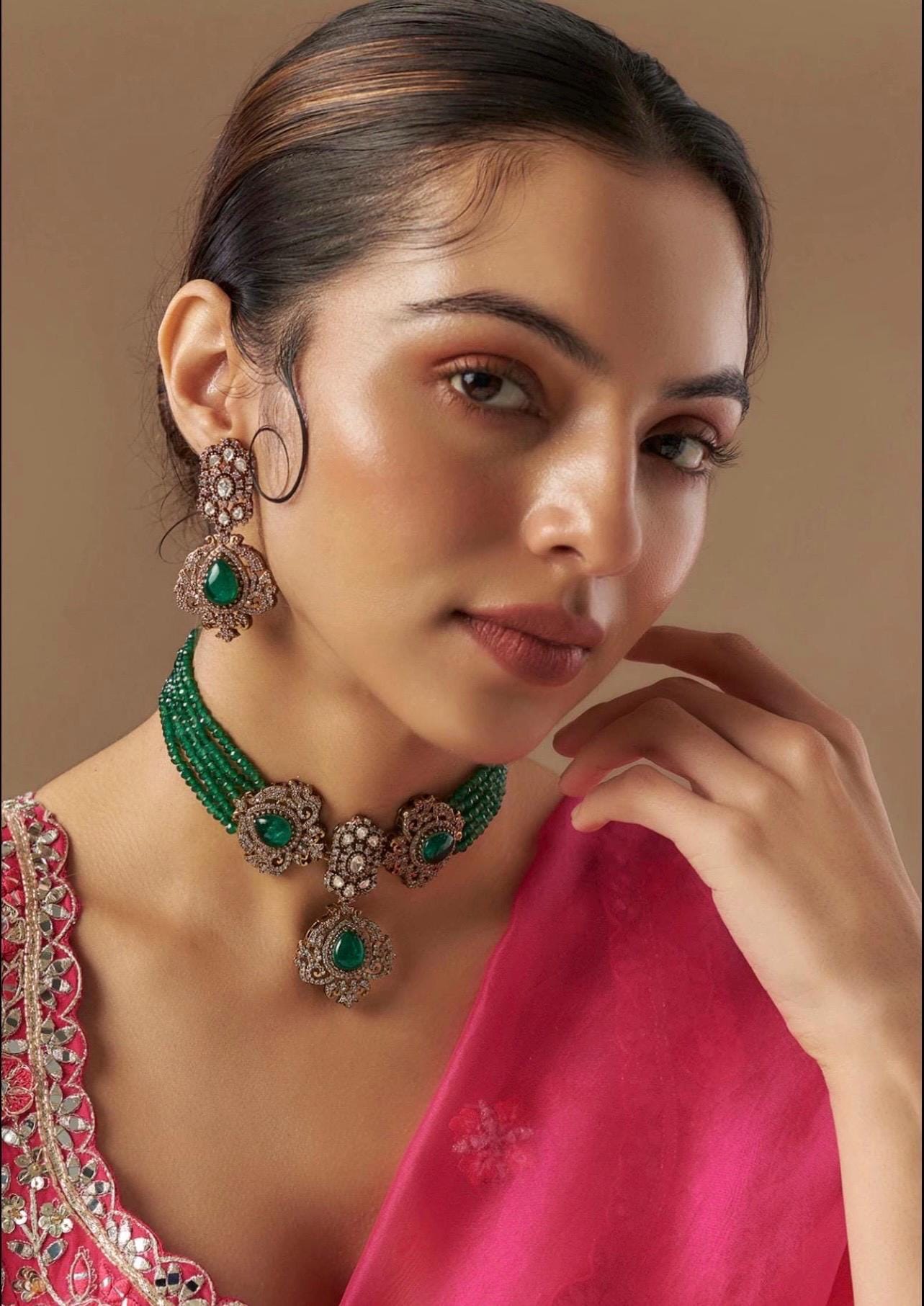 Sabyasachi inspired Premium Emerald Green Moissanite Kundan Choker Polki Jewelry Indian Victorian Green Stone Kundan Set Statement Choker