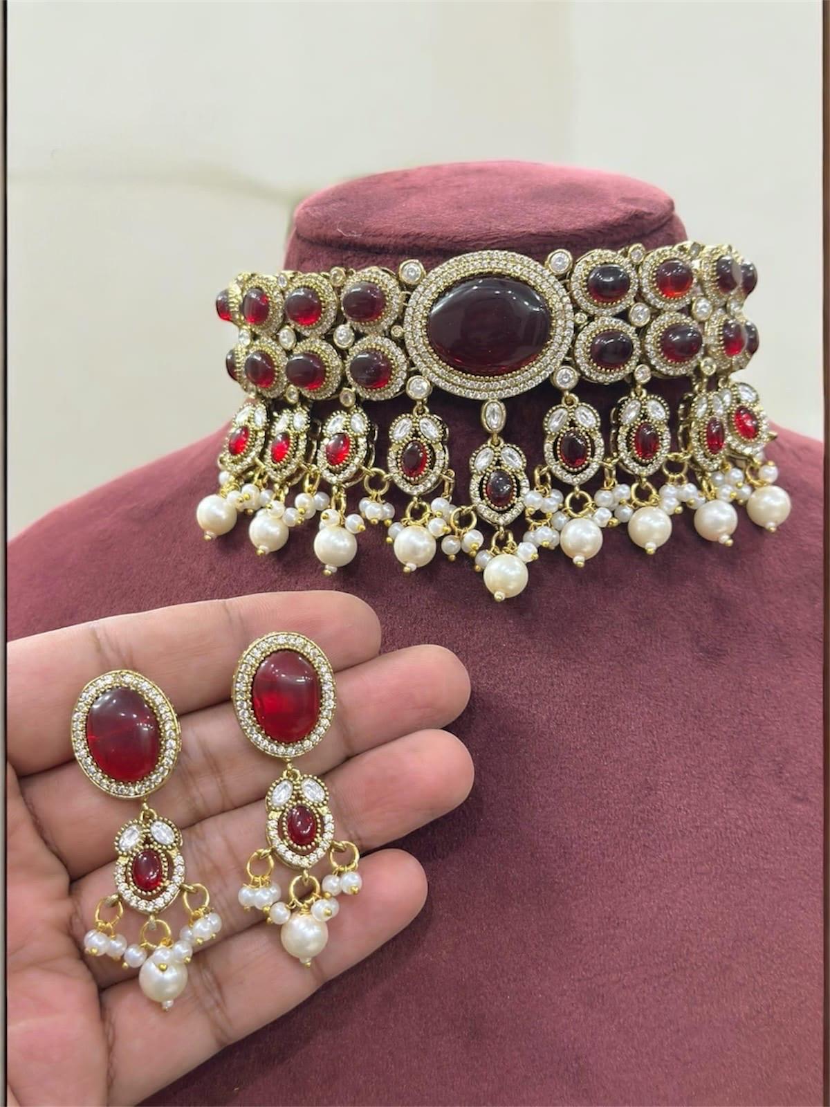 Bollywood inspired Sabyasachi design uncut kundan Polki choker bridal wedding fusion Indian Pakistani Statement necklace set with earrings