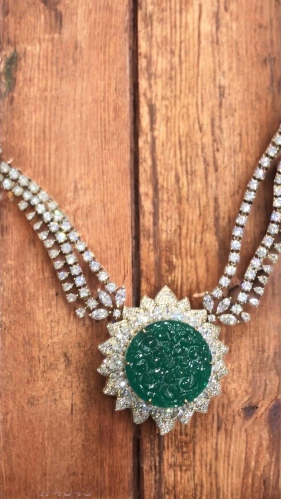 Unparallel quality Moissanite Polki Emerald carving stone sun necklace with earrings/Statement bollywood Indian Pakistani wedding bridal set