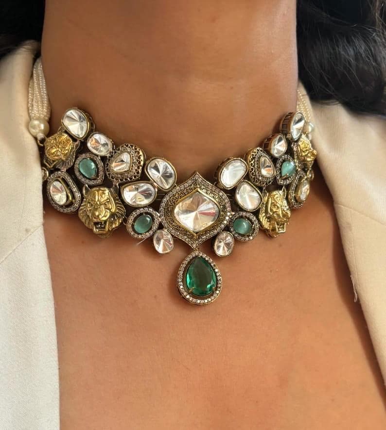 Mint Teal Green Lion Jaguar Uncut Polki Necklace  Indian Pakistani Punjabi Jewelry Kundan Necklace Kundan Set Designer Necklace set