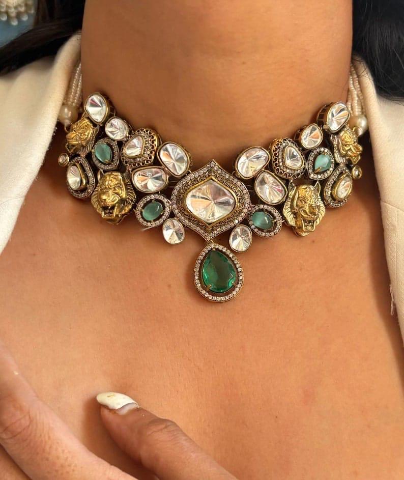 Mint Teal Green Lion Jaguar Uncut Polki Necklace  Indian Pakistani Punjabi Jewelry Kundan Necklace Kundan Set Designer Necklace set