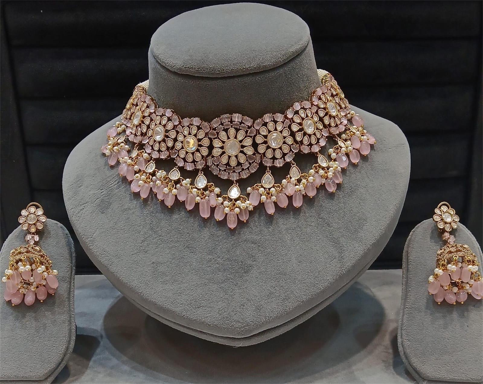 Sabyasachi inspired polki mossanite choker necklace with ruby pink and green semi precious beads with earrings/statement necklace/Indian set