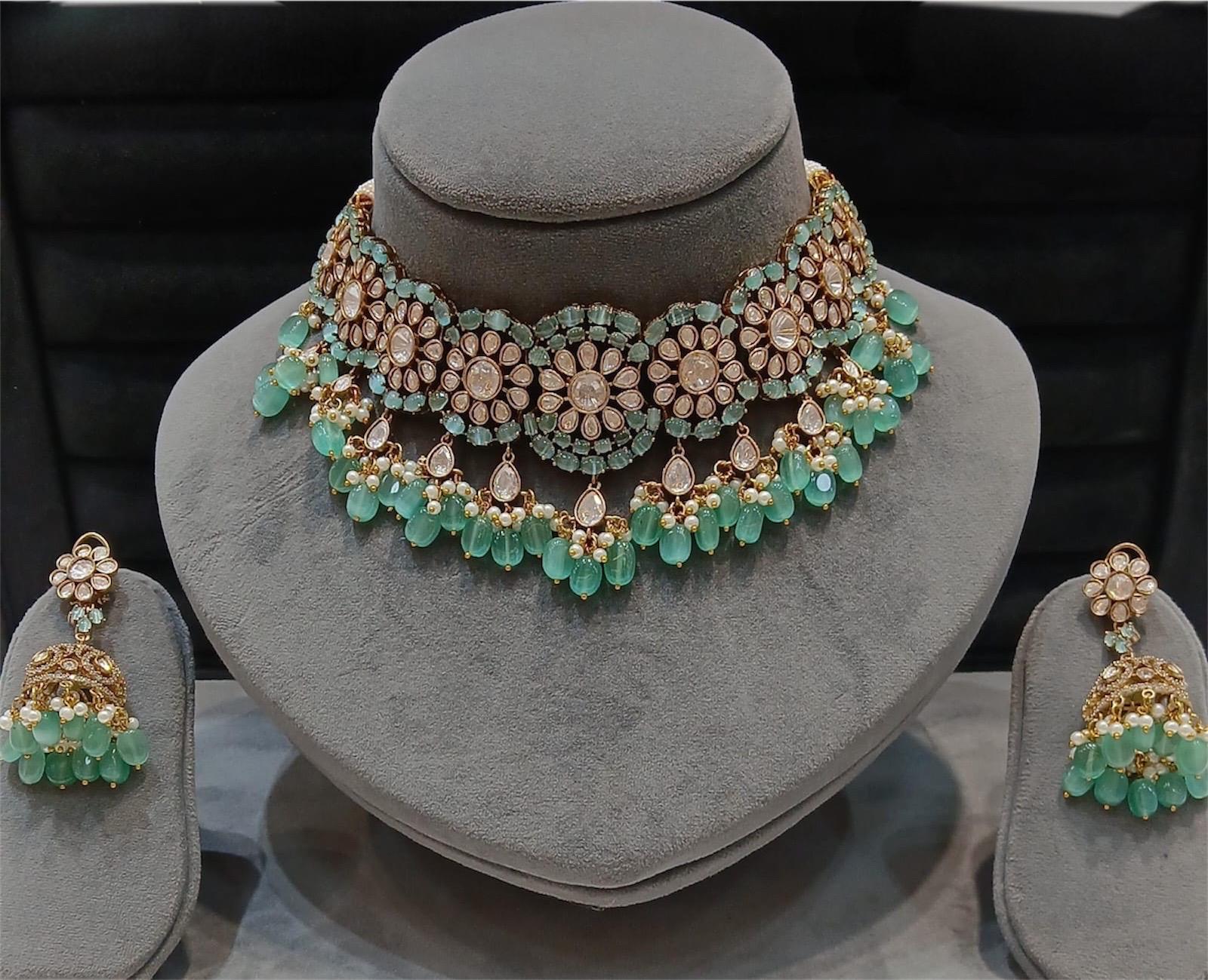 Sabyasachi inspired polki mossanite choker necklace with ruby pink and green semi precious beads with earrings/statement necklace/Indian set