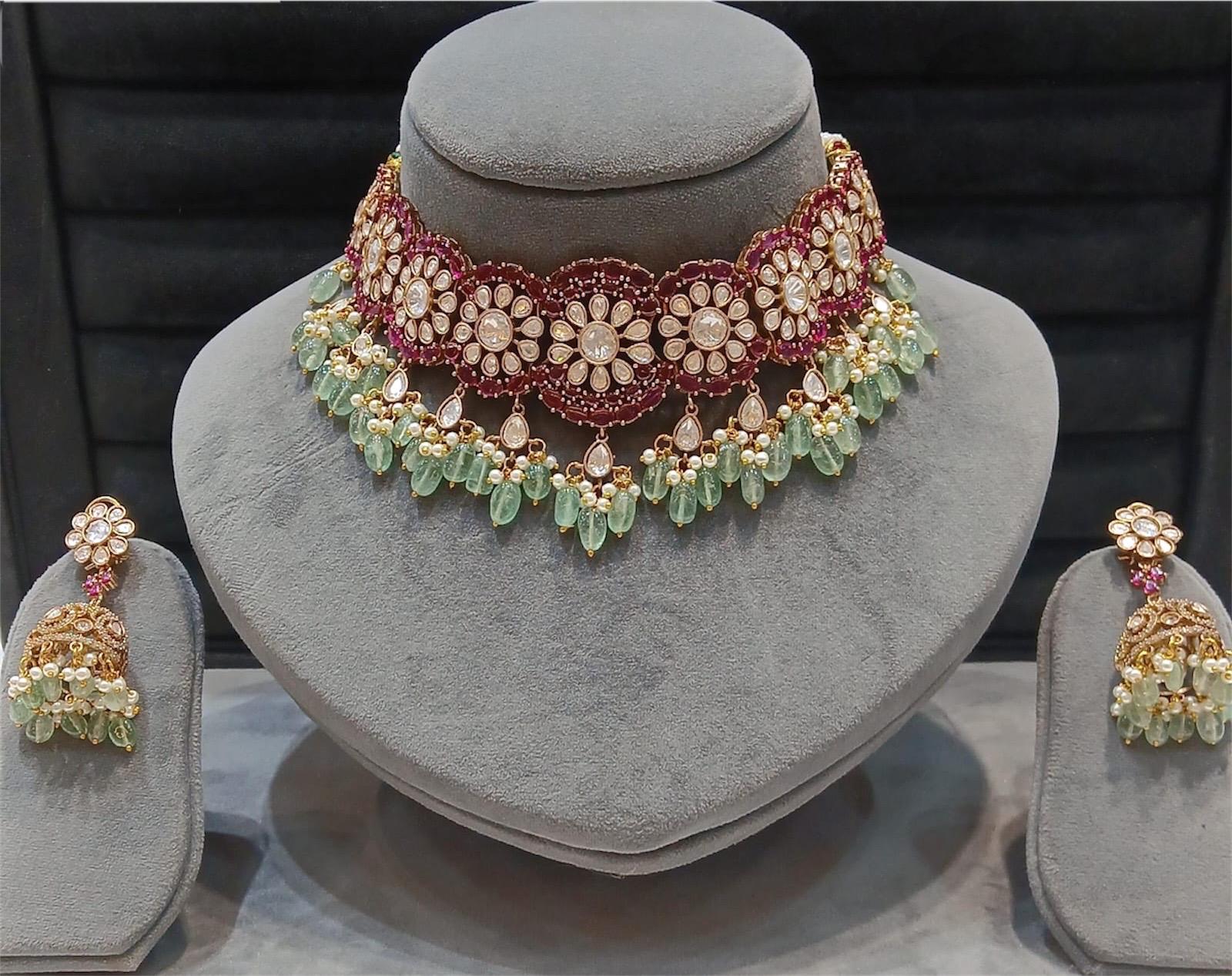Sabyasachi inspired polki mossanite choker necklace with ruby pink and green semi precious beads with earrings/statement necklace/Indian set