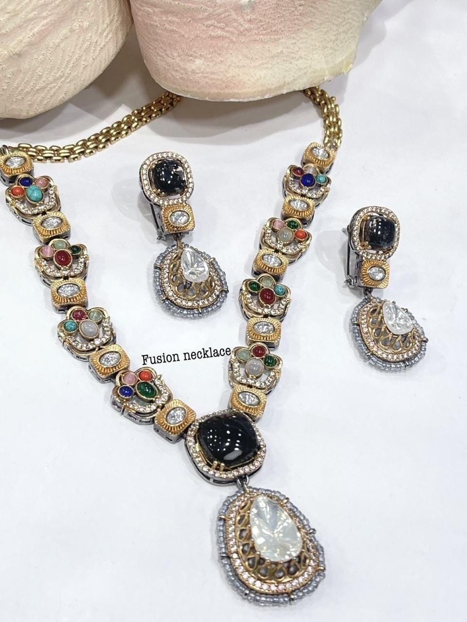 Sabyasachi Inspired Moissanite Kundan Polki with Navratan carving stones fusion necklace/Celebrity bridal Wedding Set/Statement necklace