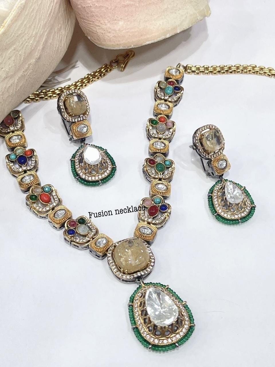 Sabyasachi Inspired Moissanite Kundan Polki with Navratan carving stones fusion necklace/Celebrity bridal Wedding Set/Statement necklace