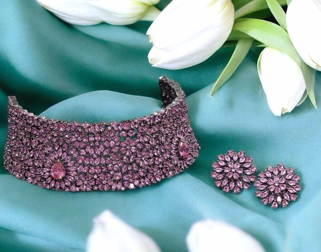 Sabyasachi Victorian Alia Bhatt inspired Kundan Polki Diamond Heavy Statement Bridal Choker Indian Pakistani Necklace Set with earrings