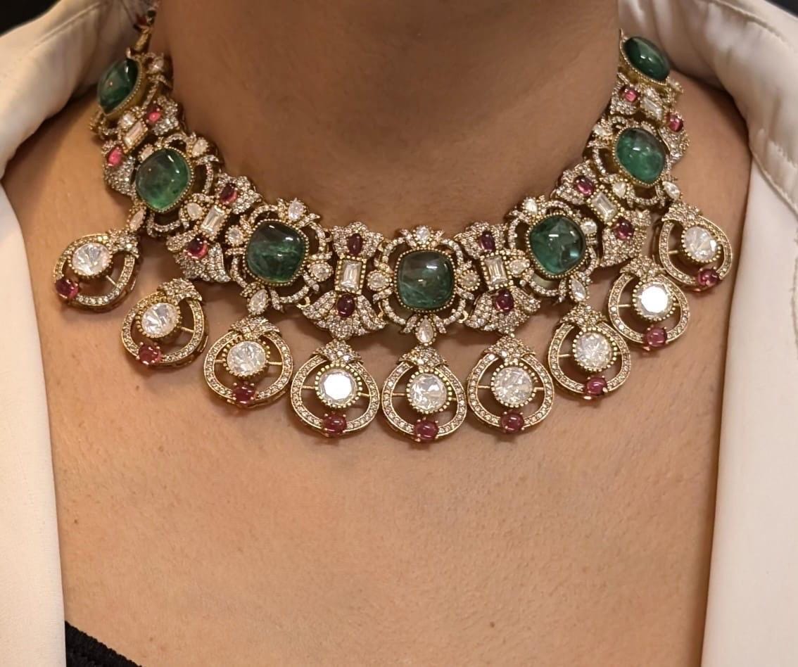 Fine Gold Finish Emerald Mint Green Uncut Moissanite Polki Kundan Wedding Jewelry Necklace Set with Earrings/ Sabyasachi Statement Jewelry