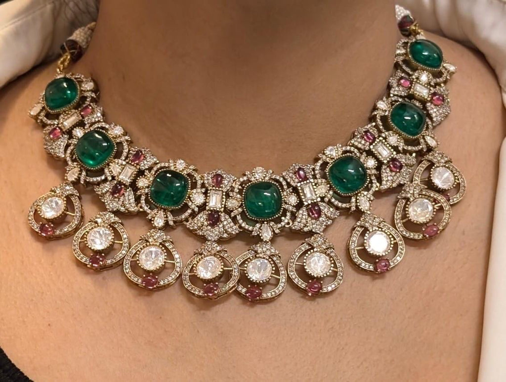 Fine Gold Finish Emerald Mint Green Uncut Moissanite Polki Kundan Wedding Jewelry Necklace Set with Earrings/ Sabyasachi Statement Jewelry