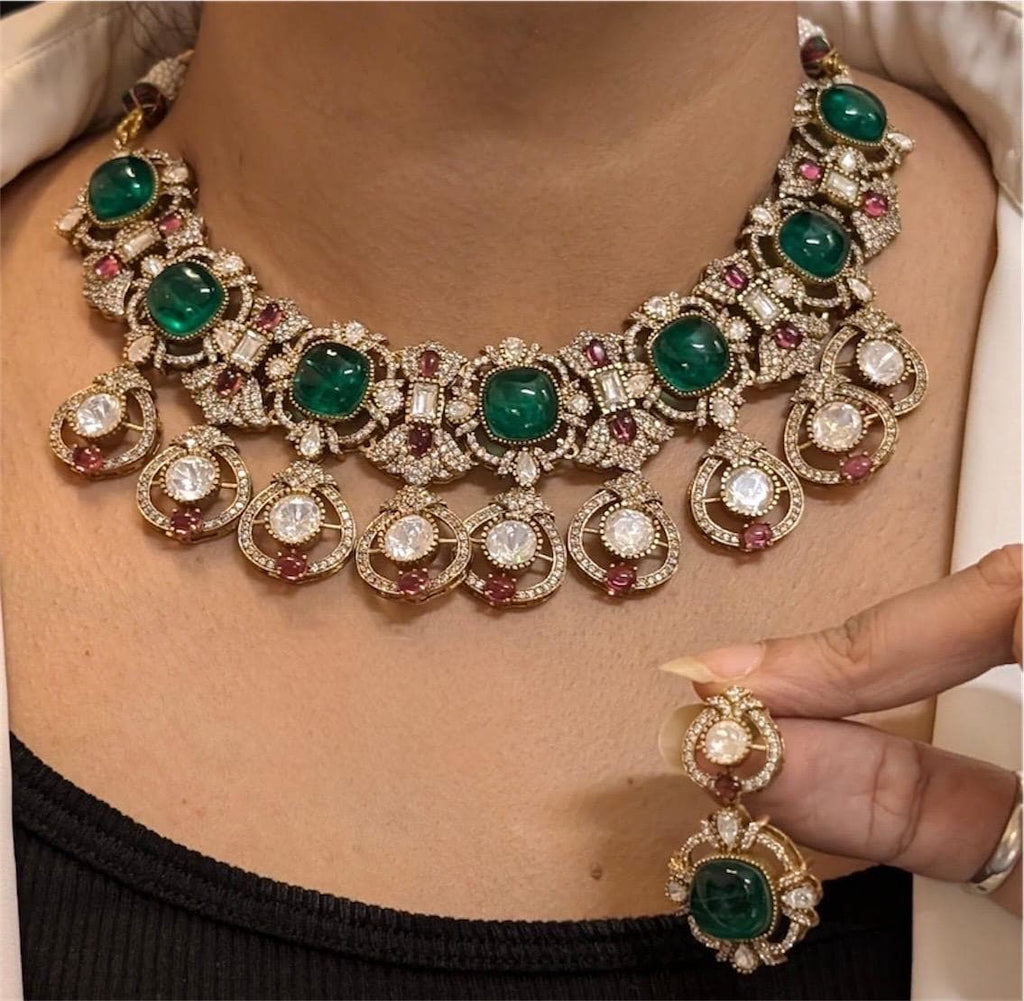 Fine Gold Finish Emerald Mint Green Uncut Moissanite Polki Kundan Wedding Jewelry Necklace Set with Earrings/ Sabyasachi Statement Jewelry