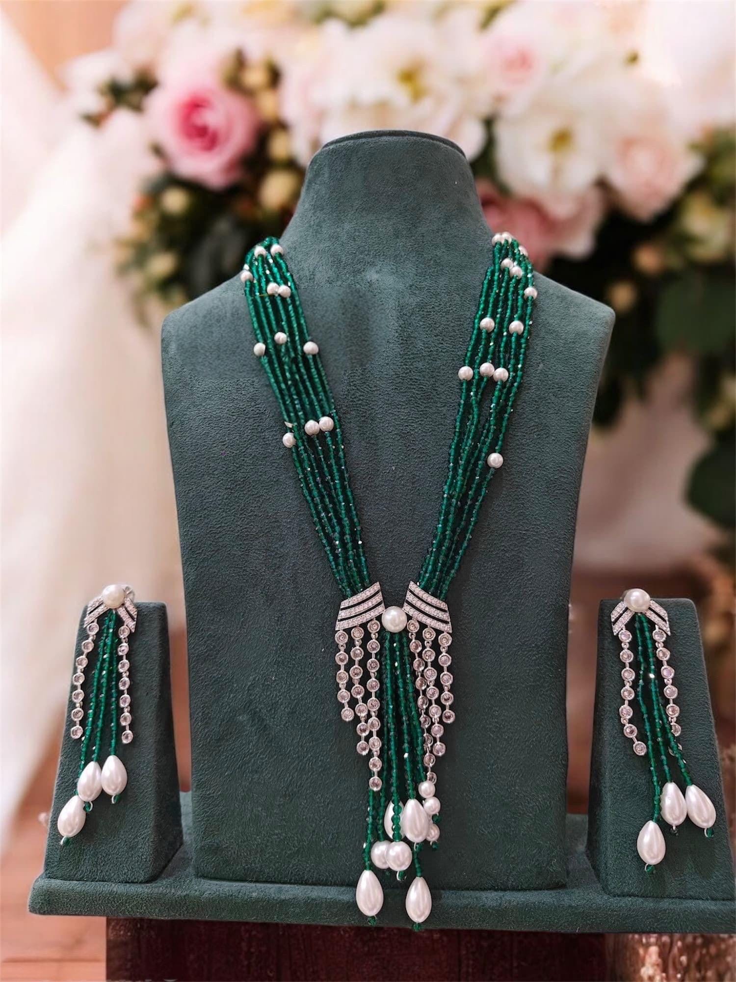 Long multi string Onyx, pearls and CZ stones Mala Set with earrings/Sabyasachi Inspired pendant Jewelry/Bollywood Jewelry/Statement necklace