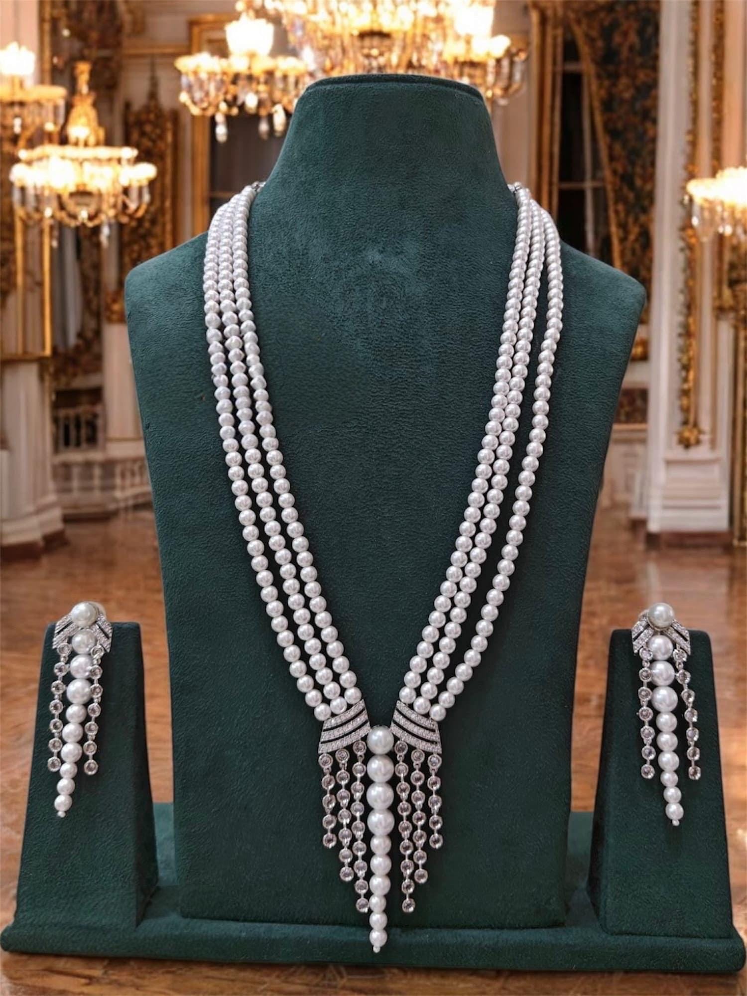 Long multi string Onyx, pearls and CZ stones Mala Set with earrings/Sabyasachi Inspired pendant Jewelry/Bollywood Jewelry/Statement necklace
